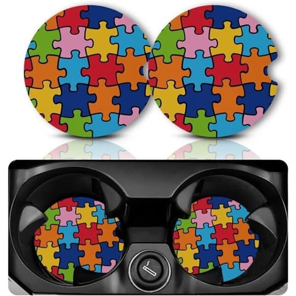 Car Cup Coasters Puzzle Pieces  2-Pack Cup Holder Anti Slip Rubber Vehicle - Picture 1 of 6